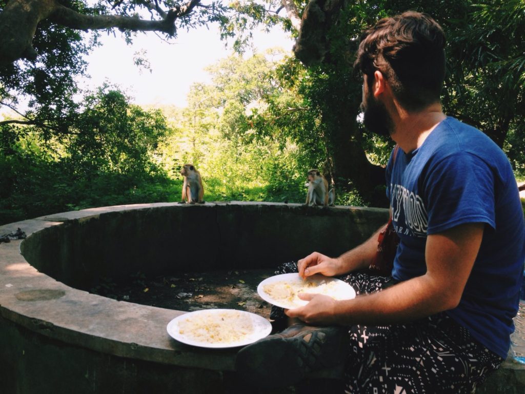 Ben keeping our rice and curry from the encroaching monkeys at Yala National Park