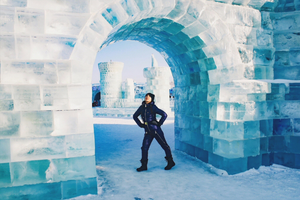 Lauren at China Ice Festival, Harbin Ice and Snow World arch