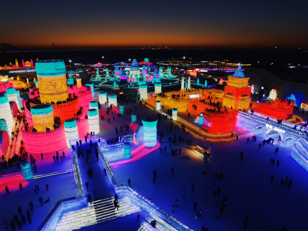 Flying Drone Winter Travel: Harbin, China, Ice and Snow World