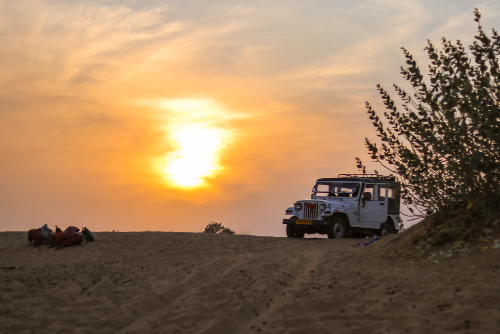 Camel Safari in India at sunset