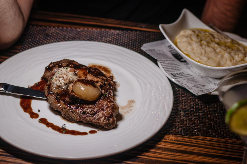 We ordered steak and black truffle oil and mascarpone risotto at the Hilton Anaheim restaurants